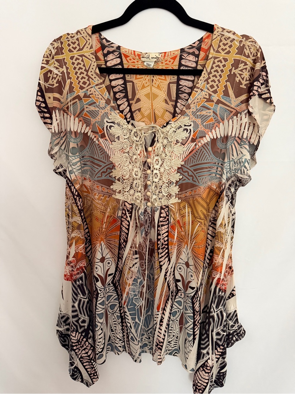 World Unity Boho Lace-Accent Women's Tunic Top - Multicolor Size M